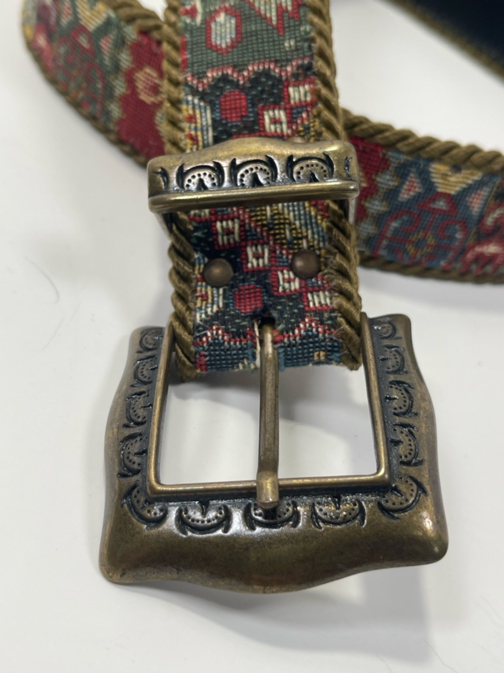 Vintage Tapestry Woven Belt with Antique Brass Buckle - Red & Teal
